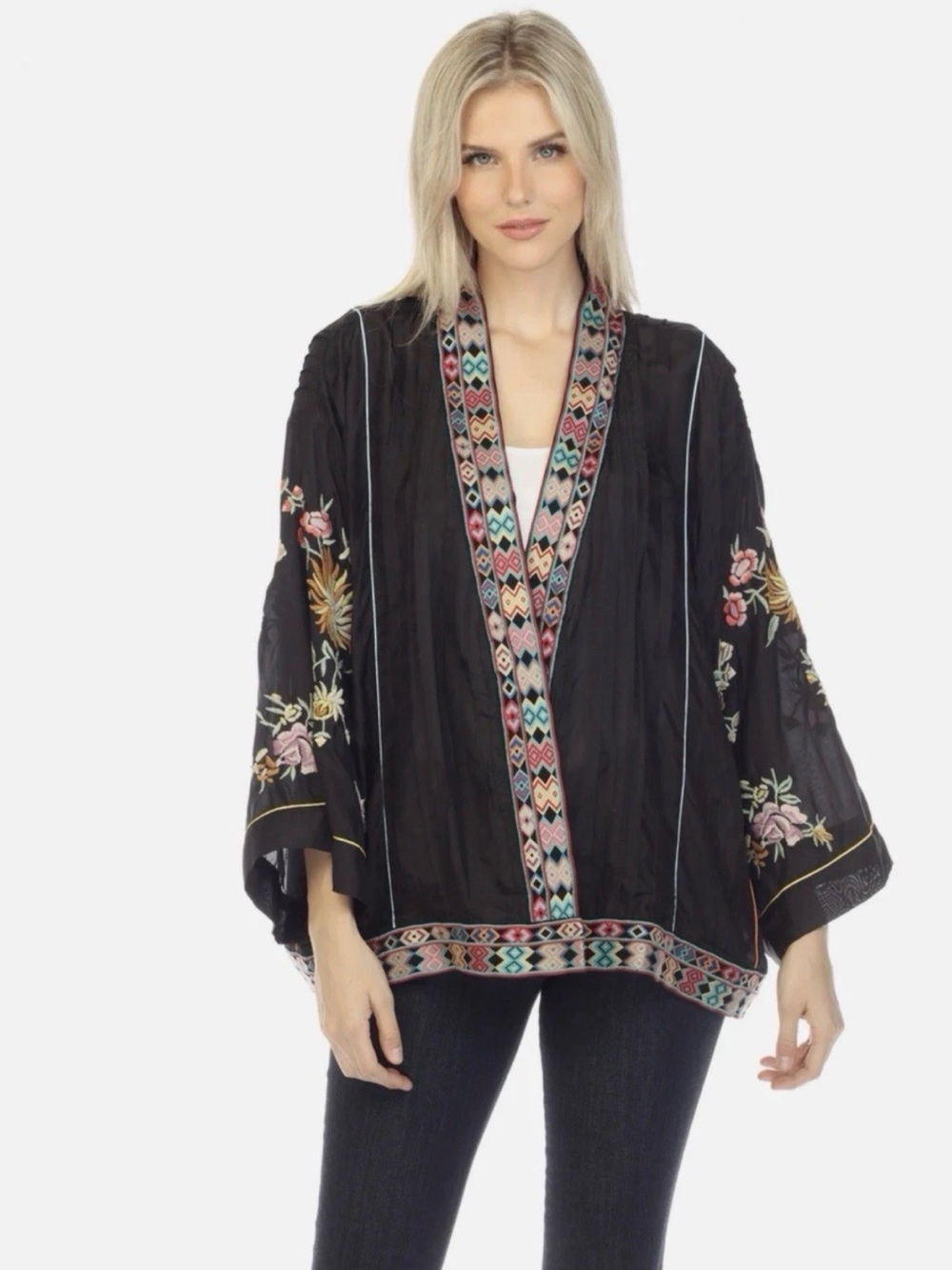 Johnny Was Silk Embroidered Black Kimono Robe with Multicolor Trim size M